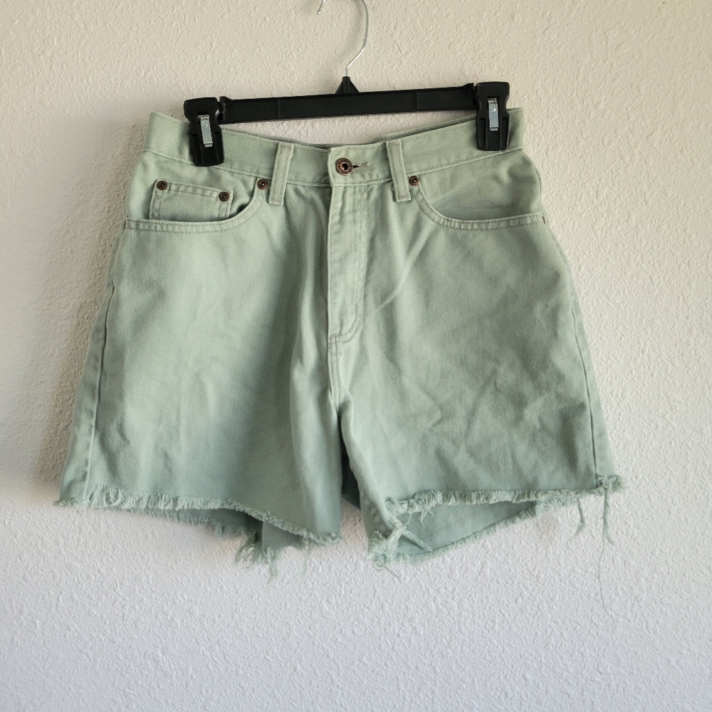 Vintage LL BEAN High Waisted Cut Off Dusty Olive Denim Shorts Womens Size 8R